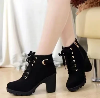 Black Lace-Up Ankle Boots with Block Heel